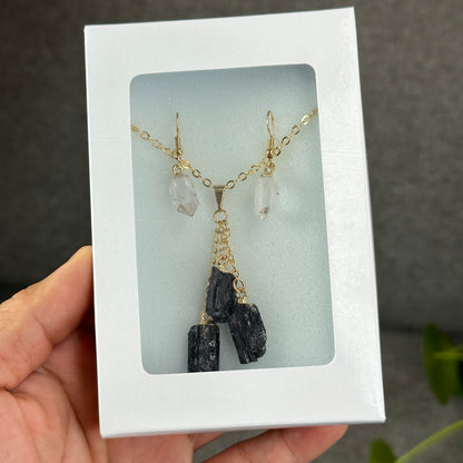 Natural Clear Quartz Point Dangling Earrings with Natural Black Tourmaline Dangling Pendant with Chain Gold Platted
