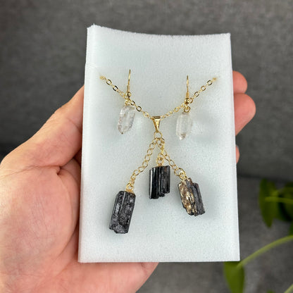 Natural Clear Quartz Point Dangling Earrings with Natural Black Tourmaline Dangling Pendant with Chain Gold Platted