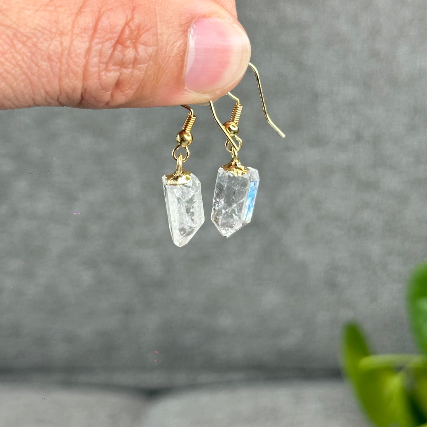 Natural Clear Quartz Point Dangling Earrings with Natural Black Tourmaline Dangling Pendant with Chain Gold Platted