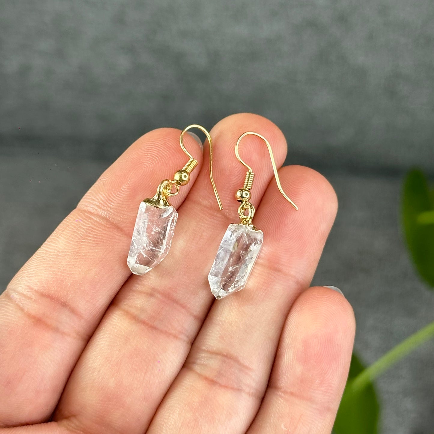 Natural Clear Quartz Point Dangling Earrings with Natural Black Tourmaline Dangling Pendant with Chain Gold Platted
