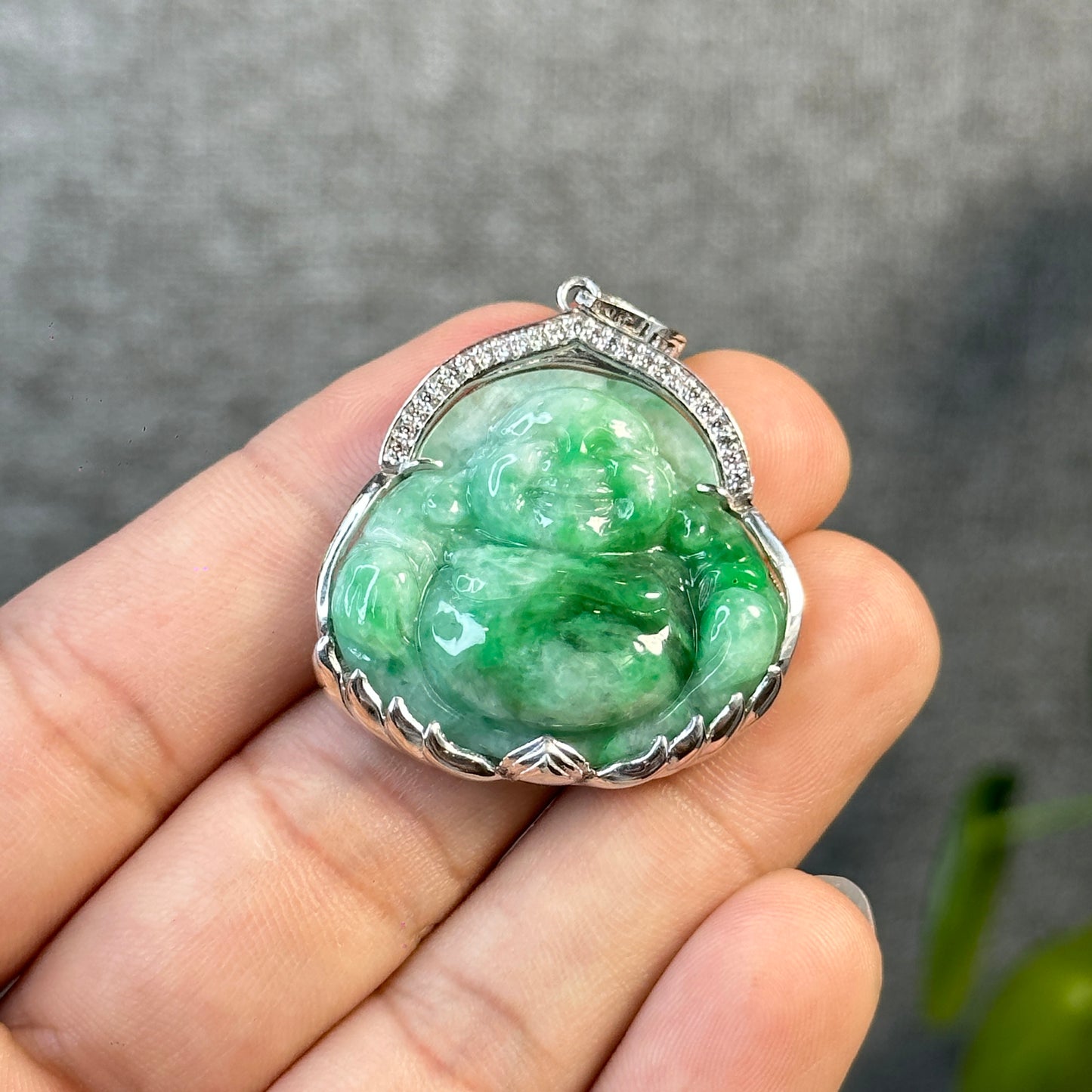 Happy Buddha Imperial Green Jadeite Jade Pendant in 10 K White Gold Setting