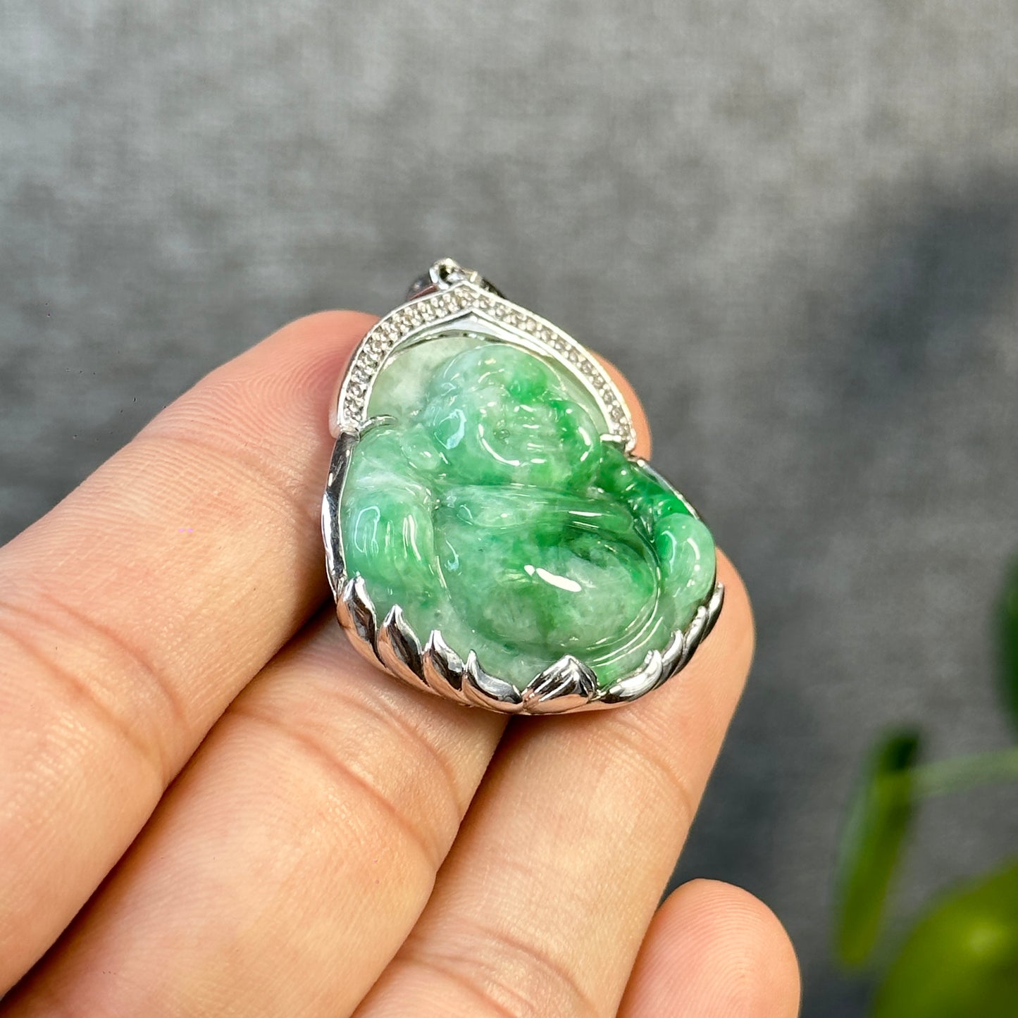 Happy Buddha Imperial Green Jadeite Jade Pendant in 10 K White Gold Setting