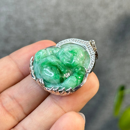 Happy Buddha Imperial Green Jadeite Jade Pendant in 10 K White Gold Setting