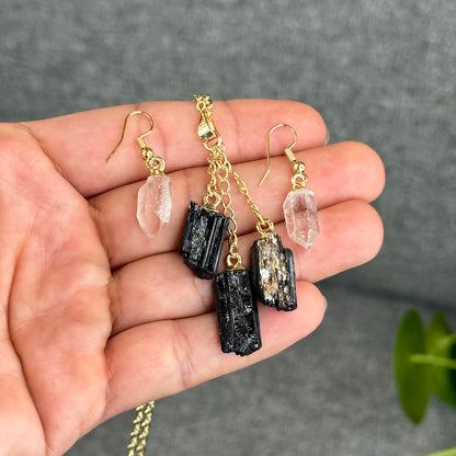 Natural Clear Quartz Point Dangling Earrings with Natural Black Tourmaline Dangling Pendant with Chain Gold Platted