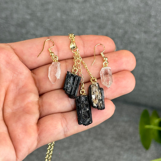 Natural Clear Quartz Point Dangling Earrings with Natural Black Tourmaline Dangling Pendant with Chain Gold Platted