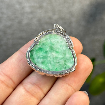 Happy Buddha Imperial Green Jadeite Jade Pendant in 10 K White Gold Setting