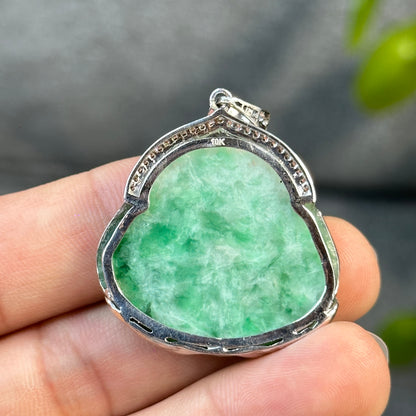 Happy Buddha Imperial Green Jadeite Jade Pendant in 10 K White Gold Setting