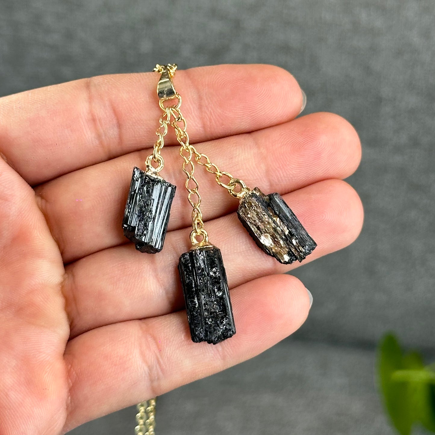 Natural Clear Quartz Point Dangling Earrings with Natural Black Tourmaline Dangling Pendant with Chain Gold Platted
