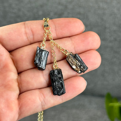 Natural Clear Quartz Point Dangling Earrings with Natural Black Tourmaline Dangling Pendant with Chain Gold Platted