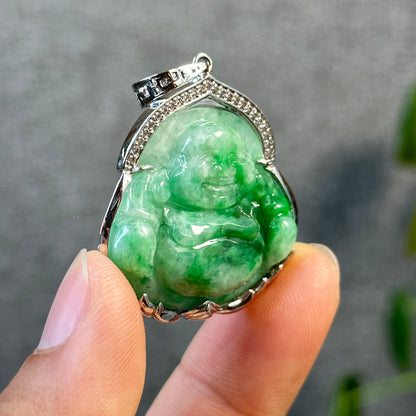 Happy Buddha Imperial Green Jadeite Jade Pendant in 10 K White Gold Setting