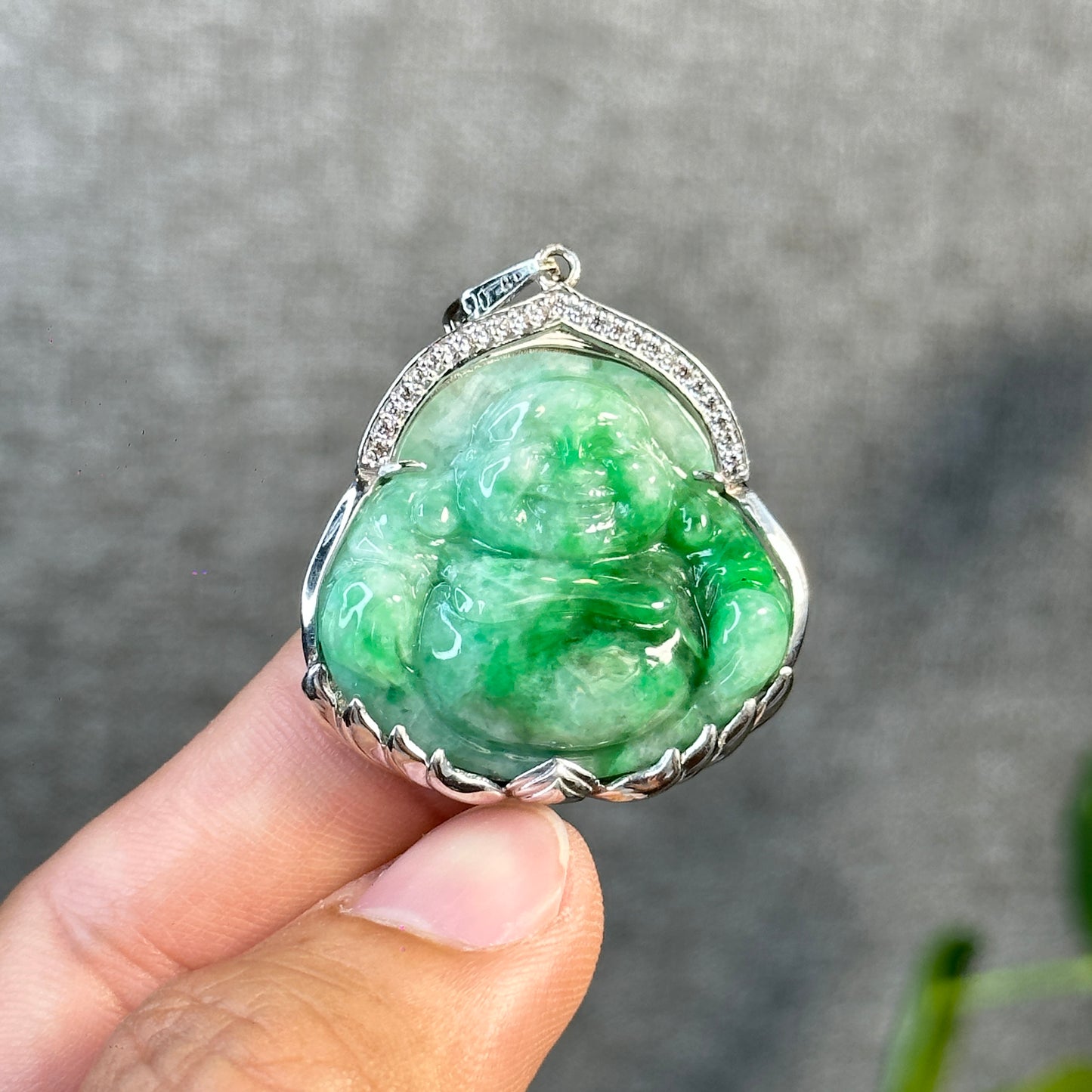 Happy Buddha Imperial Green Jadeite Jade Pendant in 10 K White Gold Setting