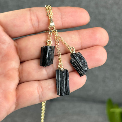 Natural Clear Quartz Point Dangling Earrings with Natural Black Tourmaline Dangling Pendant with Chain Gold Platted