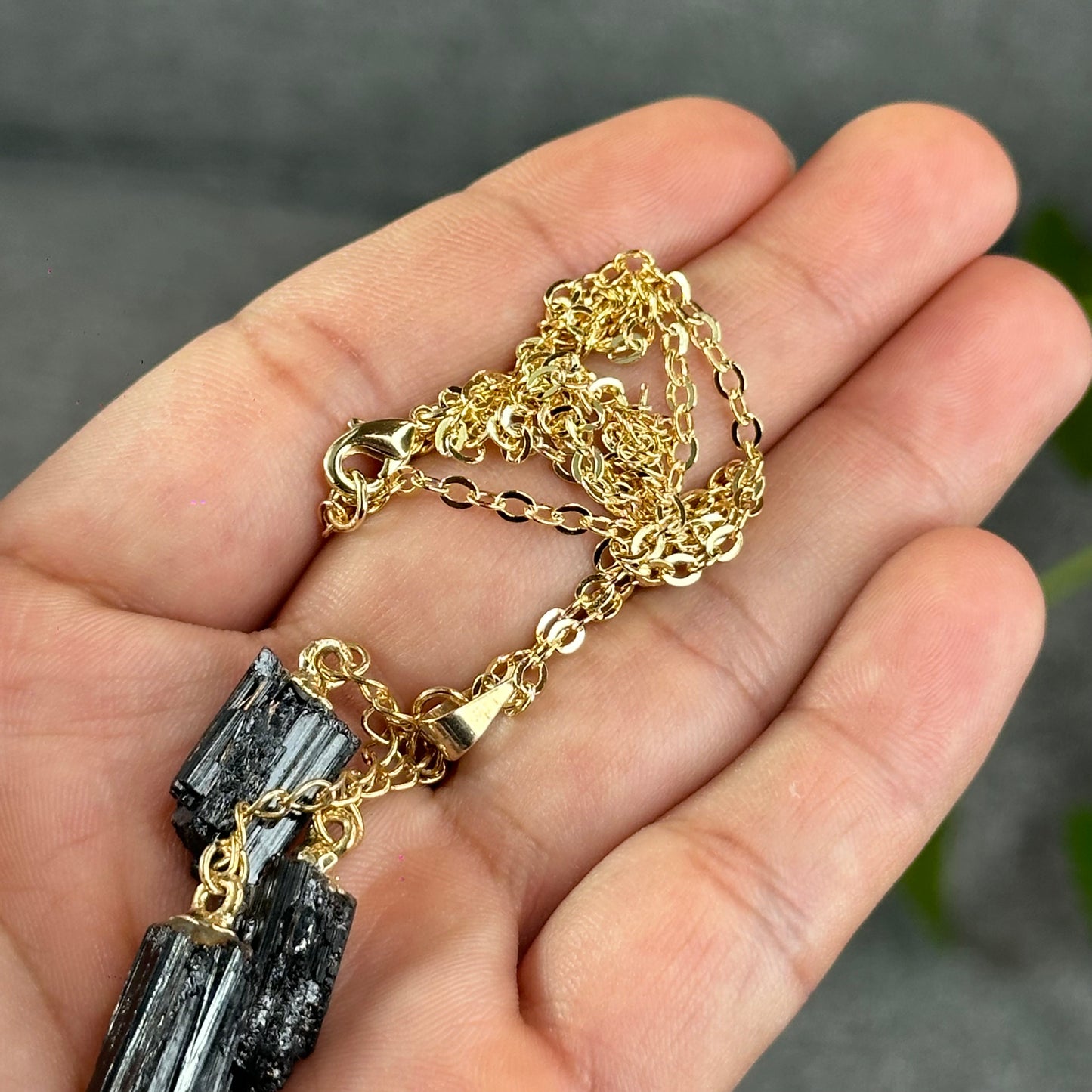 Natural Clear Quartz Point Dangling Earrings with Natural Black Tourmaline Dangling Pendant with Chain Gold Platted