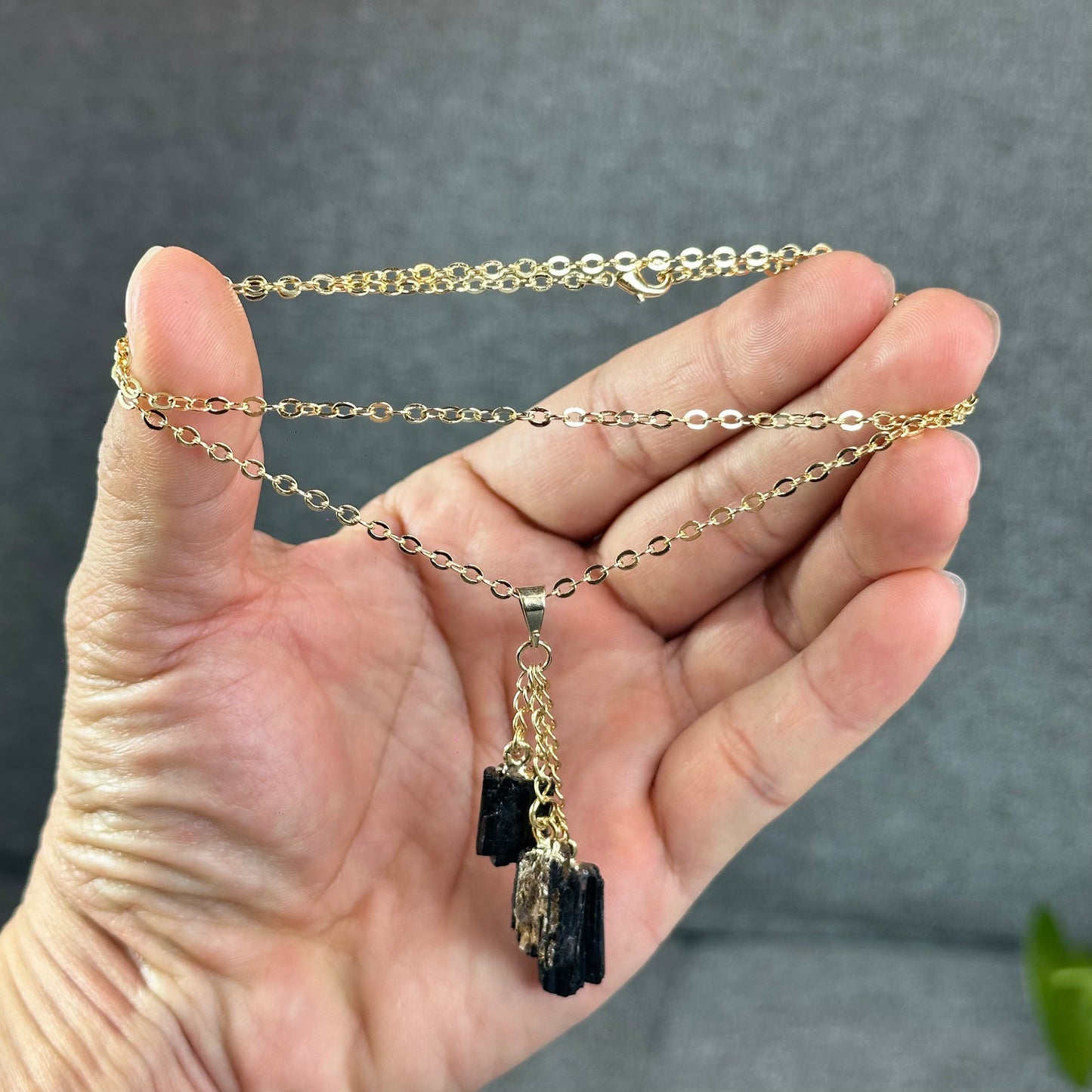 Natural Clear Quartz Point Dangling Earrings with Natural Black Tourmaline Dangling Pendant with Chain Gold Platted