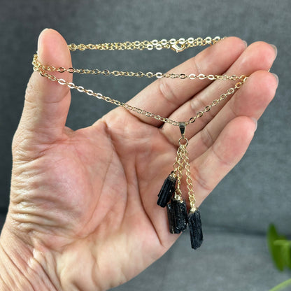 Natural Clear Quartz Point Dangling Earrings with Natural Black Tourmaline Dangling Pendant with Chain Gold Platted