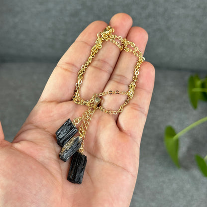 Natural Clear Quartz Point Dangling Earrings with Natural Black Tourmaline Dangling Pendant with Chain Gold Platted