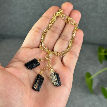 Natural Clear Quartz Point Dangling Earrings with Natural Black Tourmaline Dangling Pendant with Chain Gold Platted