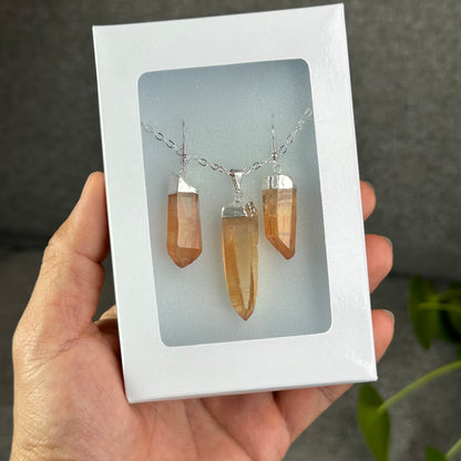 Natural Tangerine Quartz Point Earring and Pendant with Chain Silver Platted