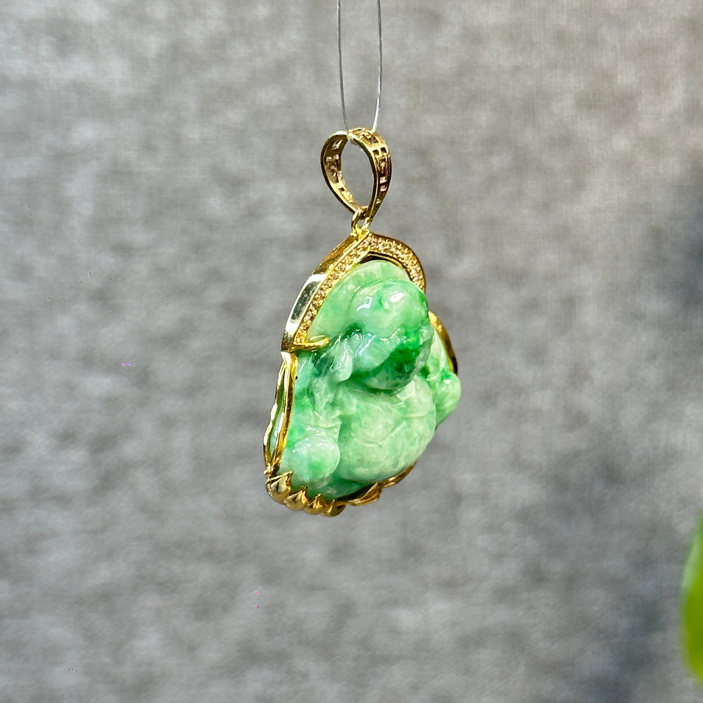 Happy Buddha Imperial Green Jadeite Jade Pendant in 10 K Yellow Gold Setting