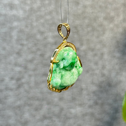 Happy Buddha Imperial Green Jadeite Jade Pendant in 10 K Yellow Gold Setting