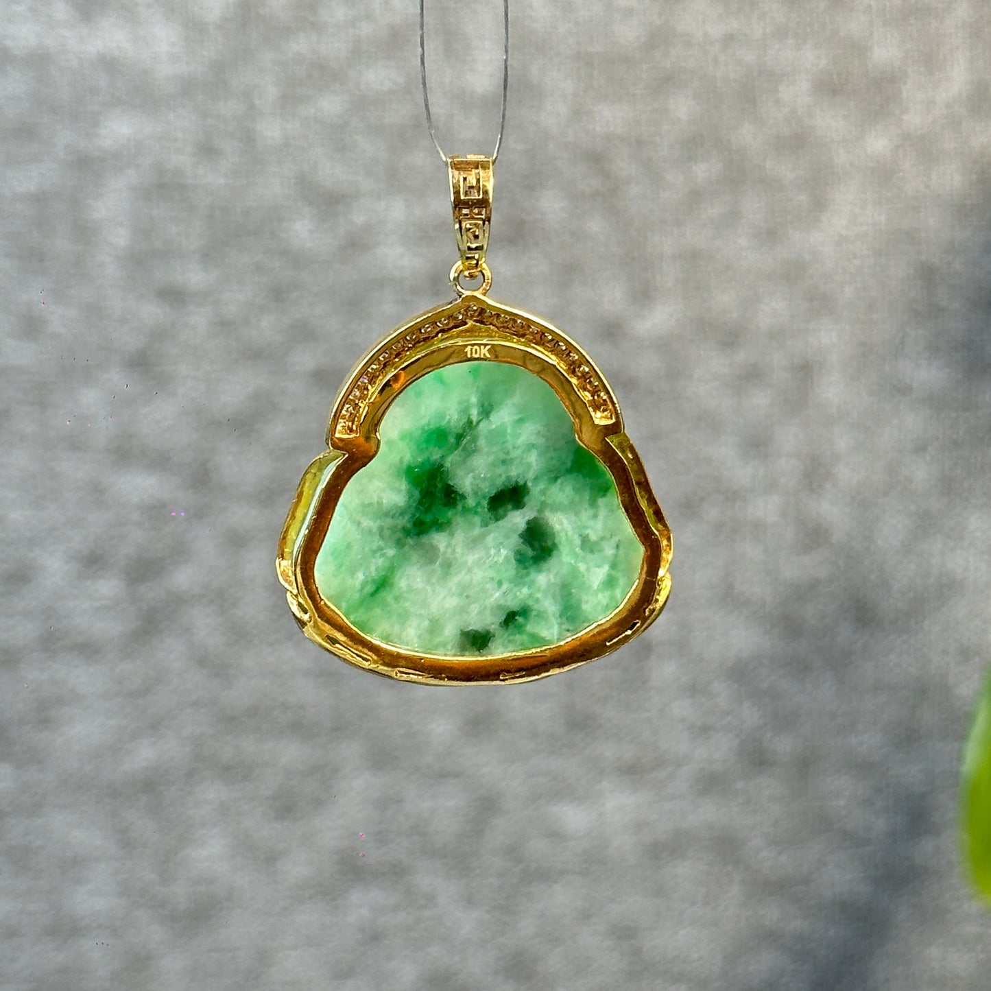 Happy Buddha Imperial Green Jadeite Jade Pendant in 10 K Yellow Gold Setting