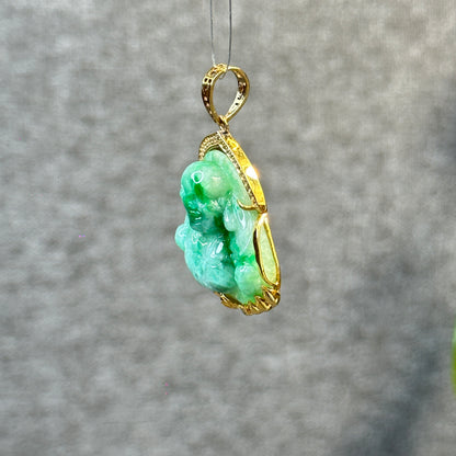 Happy Buddha Imperial Green Jadeite Jade Pendant in 10 K Yellow Gold Setting