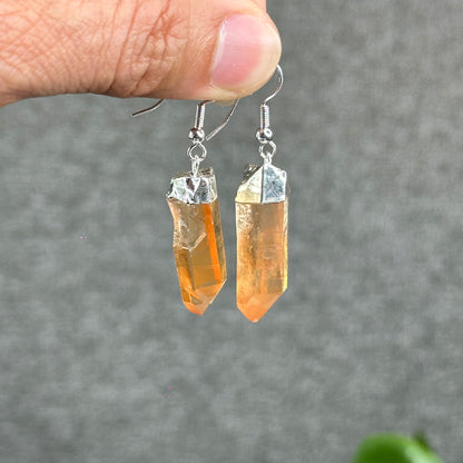 Natural Tangerine Quartz Point Earring and Pendant with Chain Silver Platted