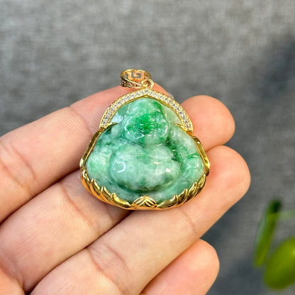 Happy Buddha Imperial Green Jadeite Jade Pendant in 10 K Yellow Gold Setting