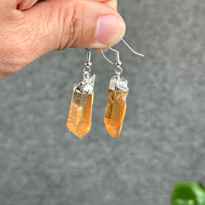 Natural Tangerine Quartz Point Earring and Pendant with Chain Silver Platted