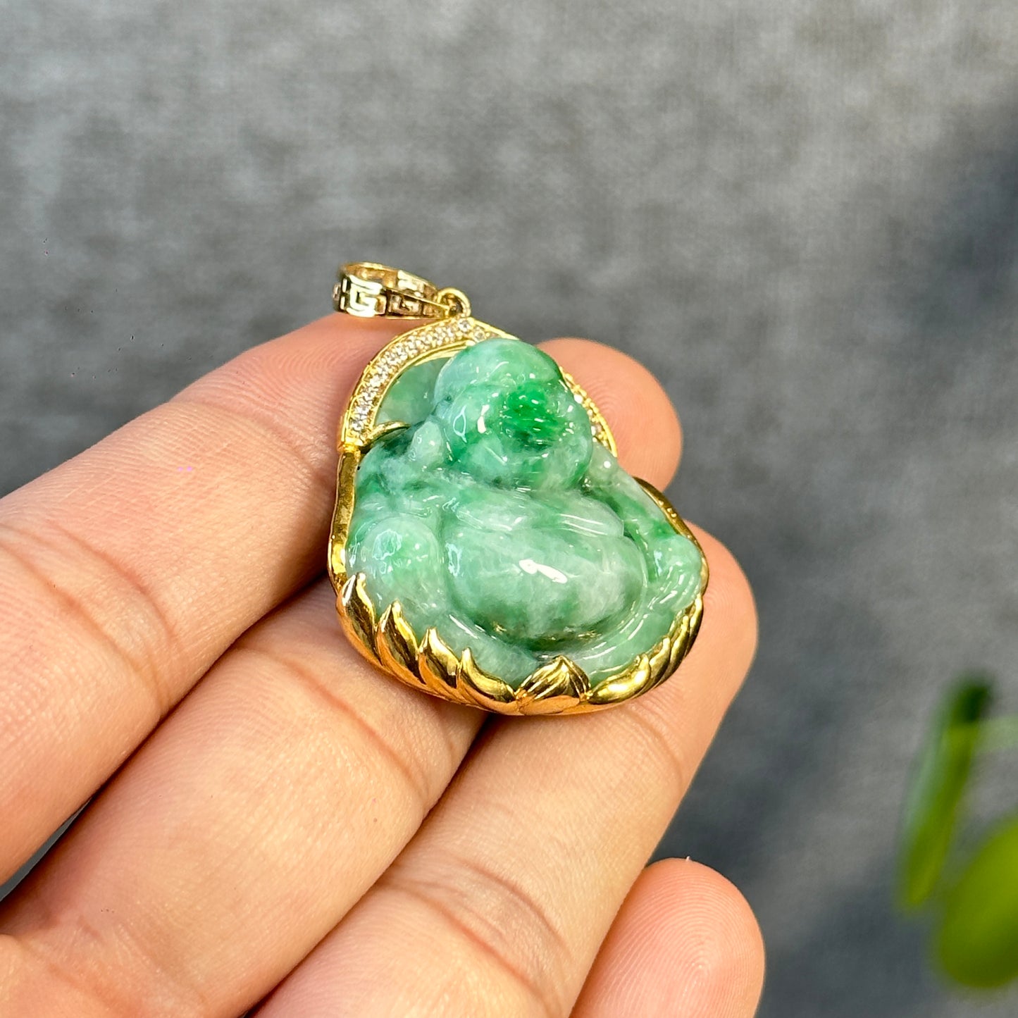 Happy Buddha Imperial Green Jadeite Jade Pendant in 10 K Yellow Gold Setting