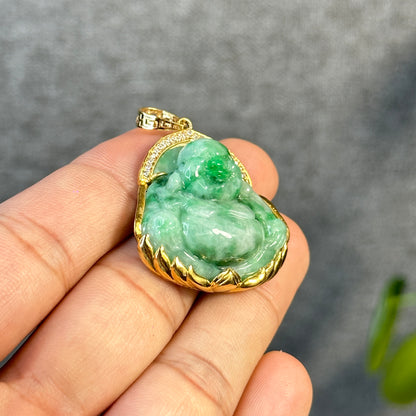 Happy Buddha Imperial Green Jadeite Jade Pendant in 10 K Yellow Gold Setting