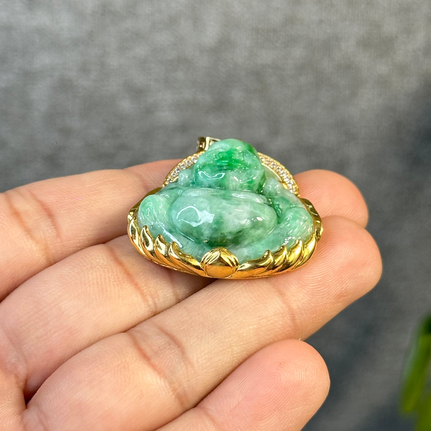 Happy Buddha Imperial Green Jadeite Jade Pendant in 10 K Yellow Gold Setting