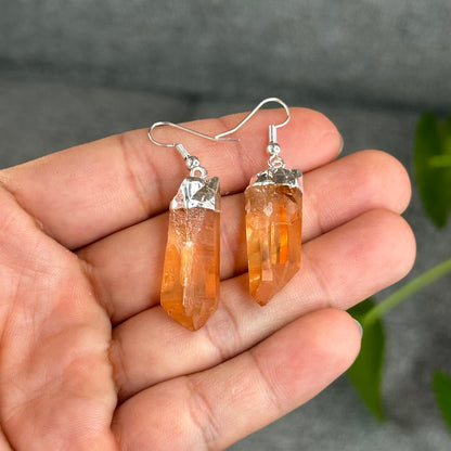 Natural Tangerine Quartz Point Earring and Pendant with Chain Silver Platted