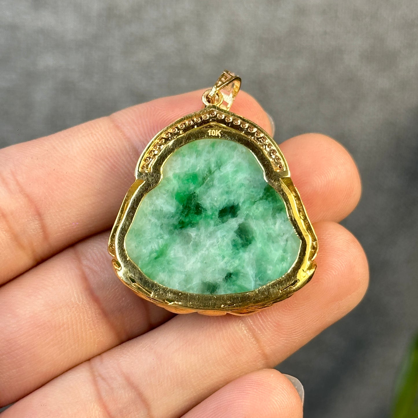 Happy Buddha Imperial Green Jadeite Jade Pendant in 10 K Yellow Gold Setting