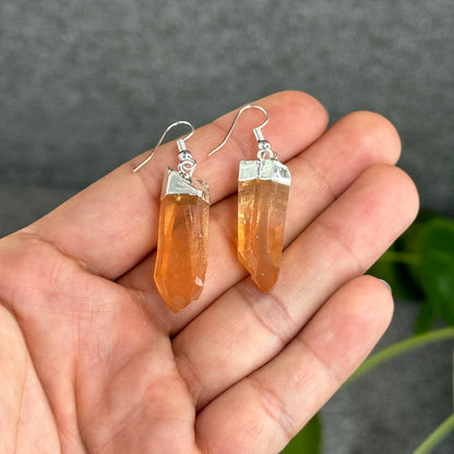 Natural Tangerine Quartz Point Earring and Pendant with Chain Silver Platted
