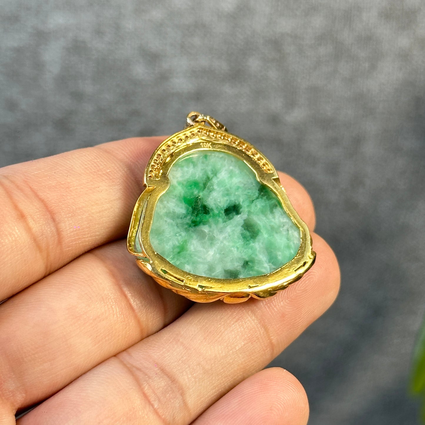 Happy Buddha Imperial Green Jadeite Jade Pendant in 10 K Yellow Gold Setting