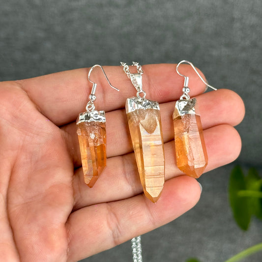 Natural Tangerine Quartz Point Earring and Pendant with Chain Silver Platted