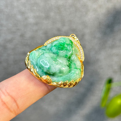 Happy Buddha Imperial Green Jadeite Jade Pendant in 10 K Yellow Gold Setting