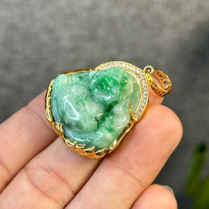 Happy Buddha Imperial Green Jadeite Jade Pendant in 10 K Yellow Gold Setting