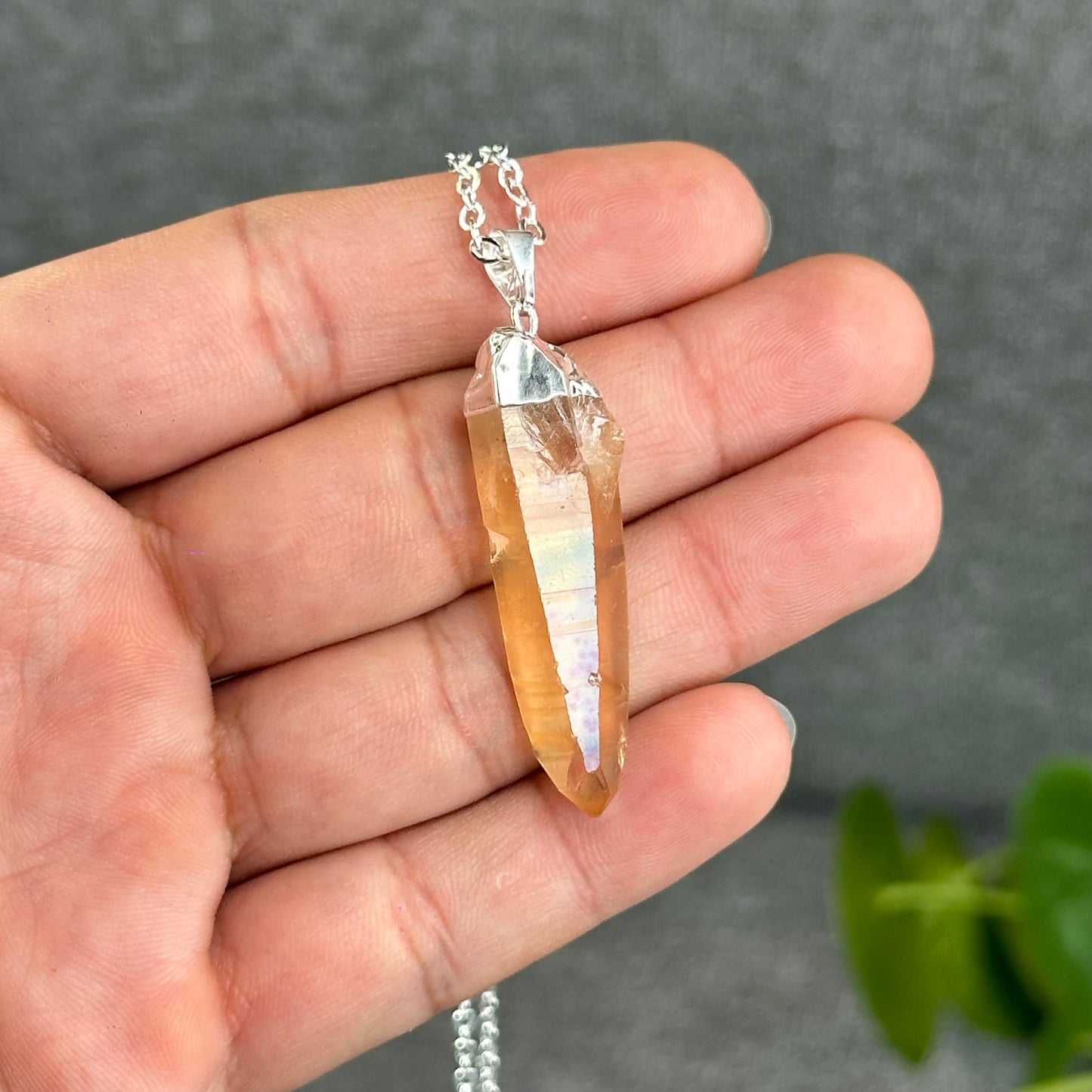 Natural Tangerine Quartz Point Earring and Pendant with Chain Silver Platted