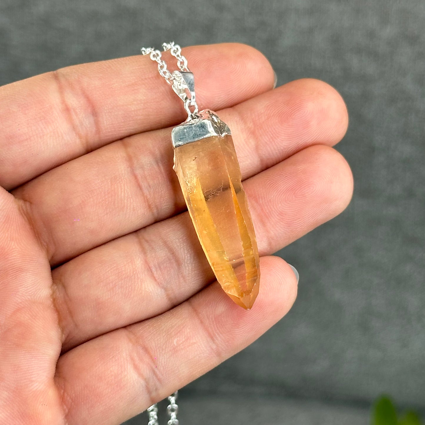 Natural Tangerine Quartz Point Earring and Pendant with Chain Silver Platted
