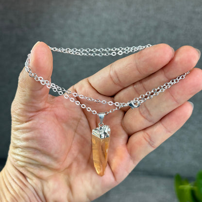 Natural Tangerine Quartz Point Earring and Pendant with Chain Silver Platted