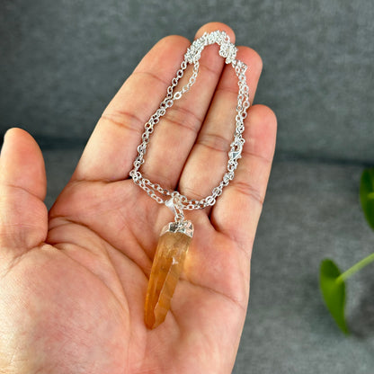 Natural Tangerine Quartz Point Earring and Pendant with Chain Silver Platted