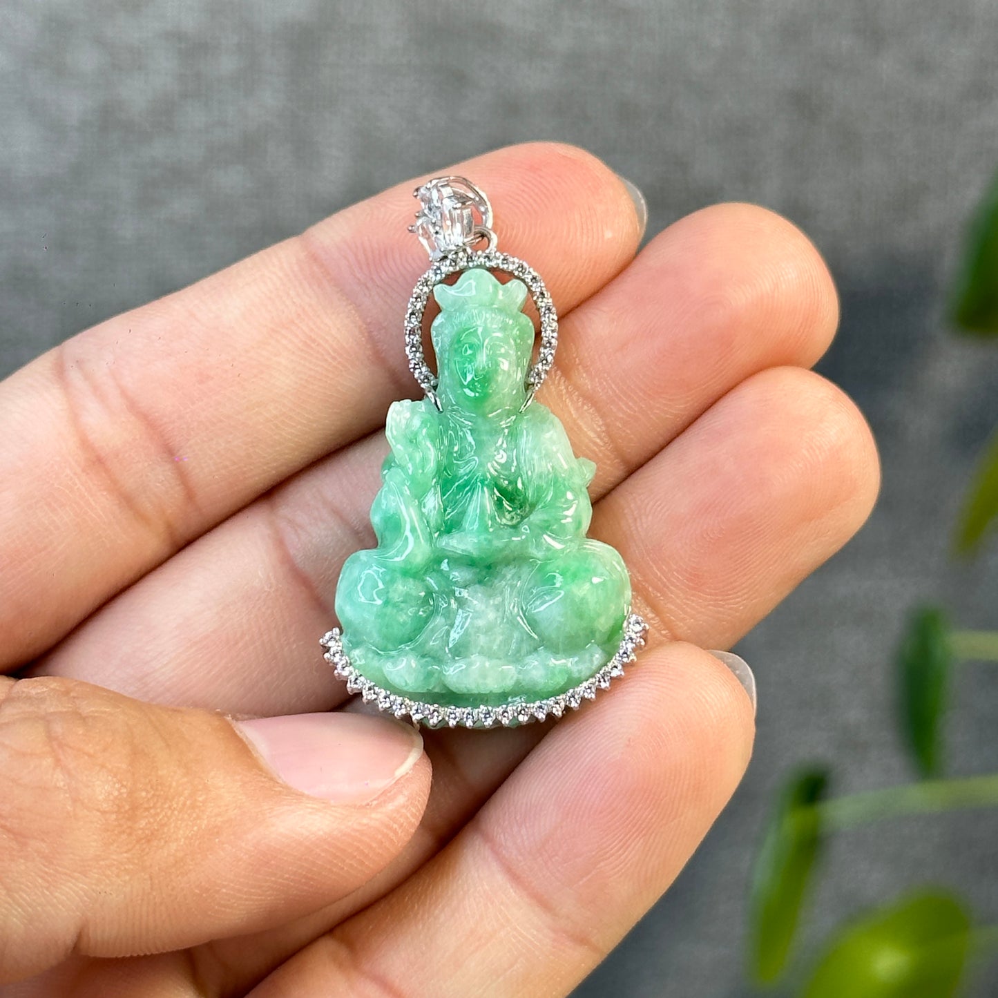 Quan The Am Buddha Imperial Green Jadeite Jade Pendant in 10k White Gold Setting