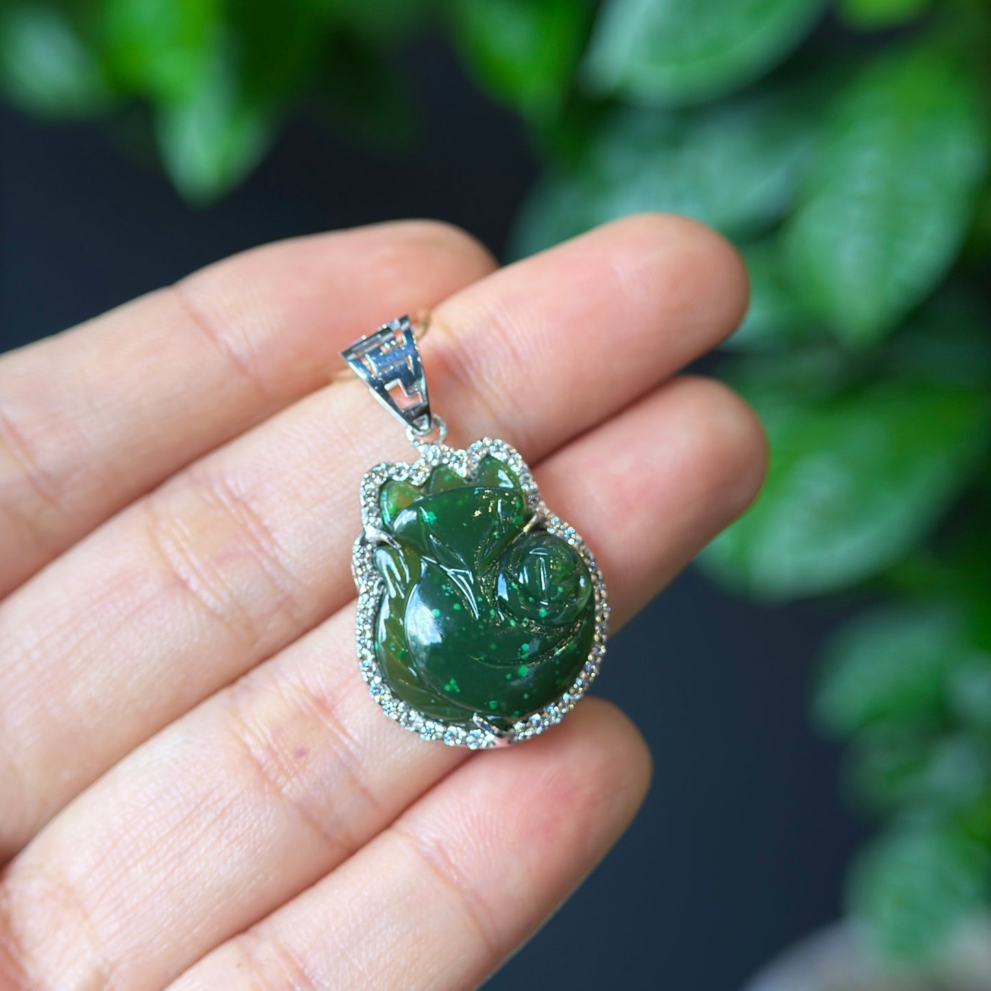 Ho Ly Natural Nephrite Jade Charm In Gold Platted Silver Setting with White Stones