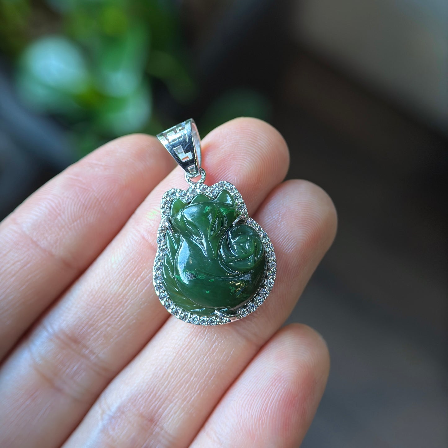 Ho Ly Natural Nephrite Jade Charm In Gold Platted Silver Setting with White Stones