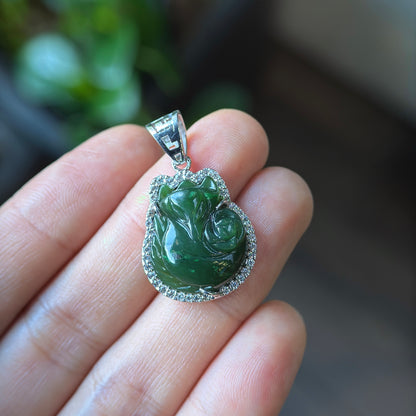 Ho Ly Natural Nephrite Jade Charm In Gold Platted Silver Setting with White Stones