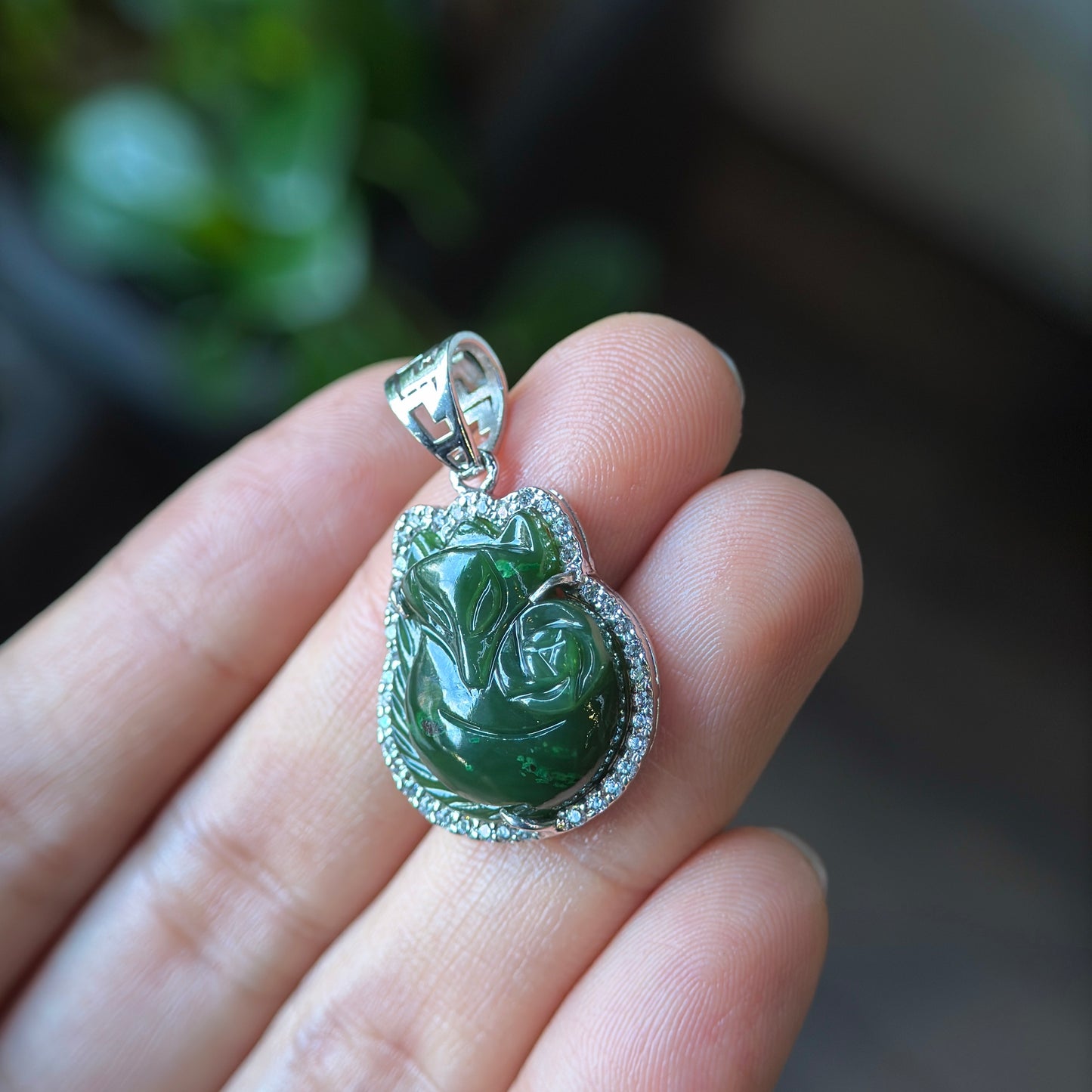 Ho Ly Natural Nephrite Jade Charm In Gold Platted Silver Setting with White Stones