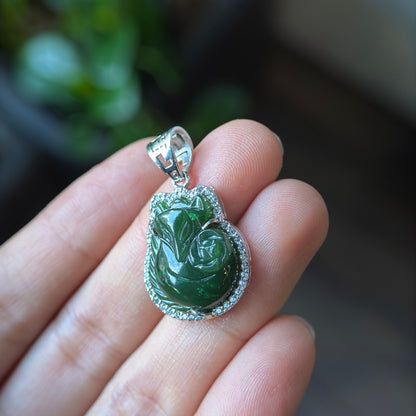 Ho Ly Natural Nephrite Jade Charm In Gold Platted Silver Setting with White Stones