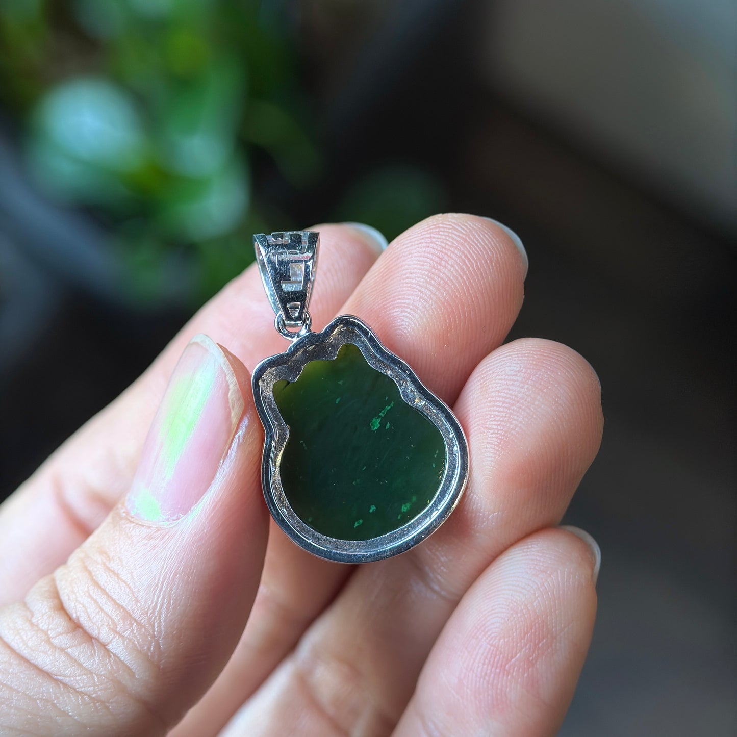 Ho Ly Natural Nephrite Jade Charm In Gold Platted Silver Setting with White Stones
